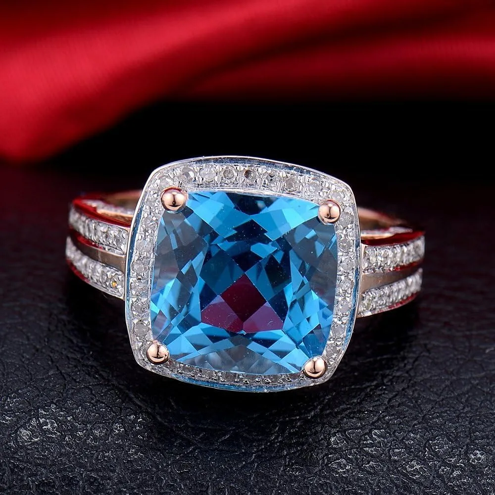 Blue Topaz Ring For Women, 18K Rose Gold Rings - Topaz Ring with Diamond, Romantic Natural Topaz Blue Ring & Real Diamond Gemstone Rings For Couple Engagement Ring