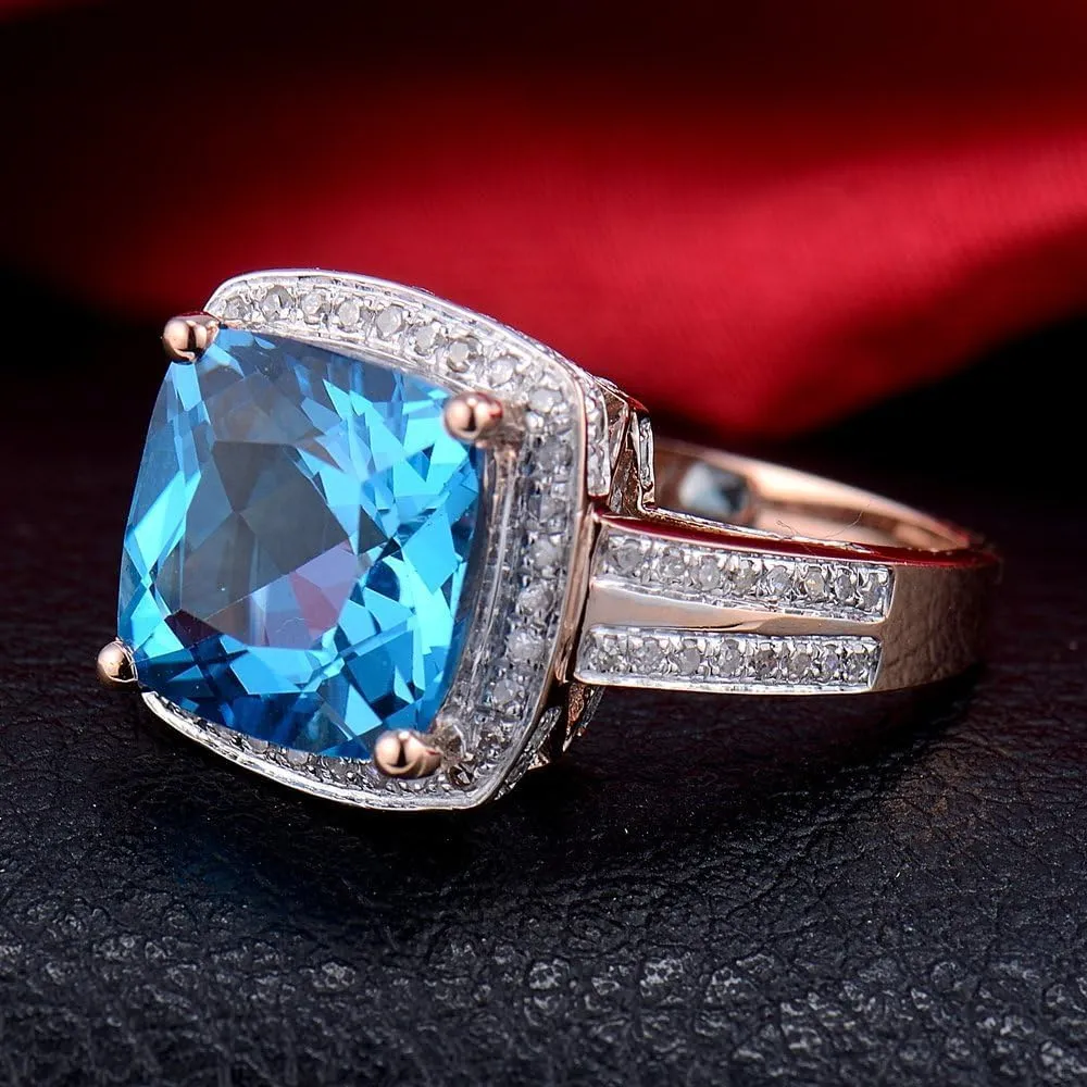 Blue Topaz Ring For Women, 18K Rose Gold Rings - Topaz Ring with Diamond, Romantic Natural Topaz Blue Ring & Real Diamond Gemstone Rings For Couple Engagement Ring