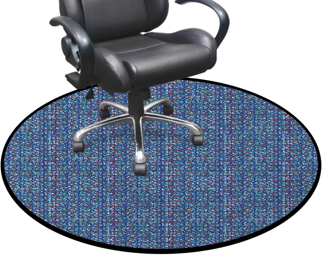 Blue Washable Round Chair Mat for Rolling Chairs, Traditional Tiles Patterns Graffiti Decorative Multi-Purpose Floor Protector,Protect The Floor from Scratches, Geometric Diameter 51 in