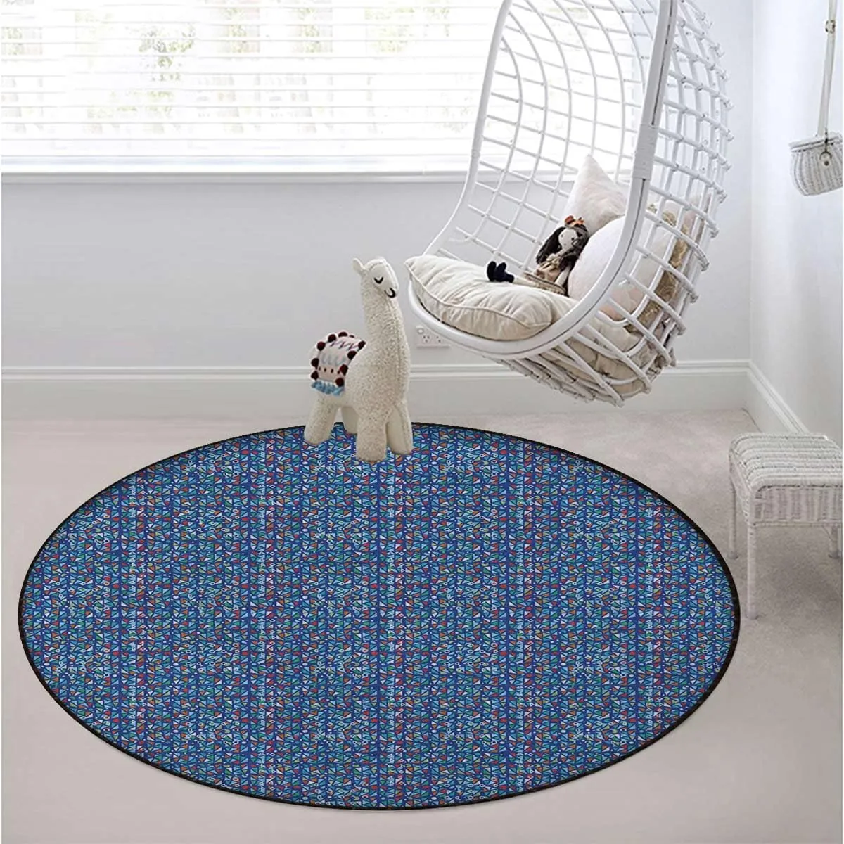 Blue Washable Round Chair Mat for Rolling Chairs, Traditional Tiles Patterns Graffiti Decorative Multi-Purpose Floor Protector,Protect The Floor from Scratches, Geometric Diameter 51 in
