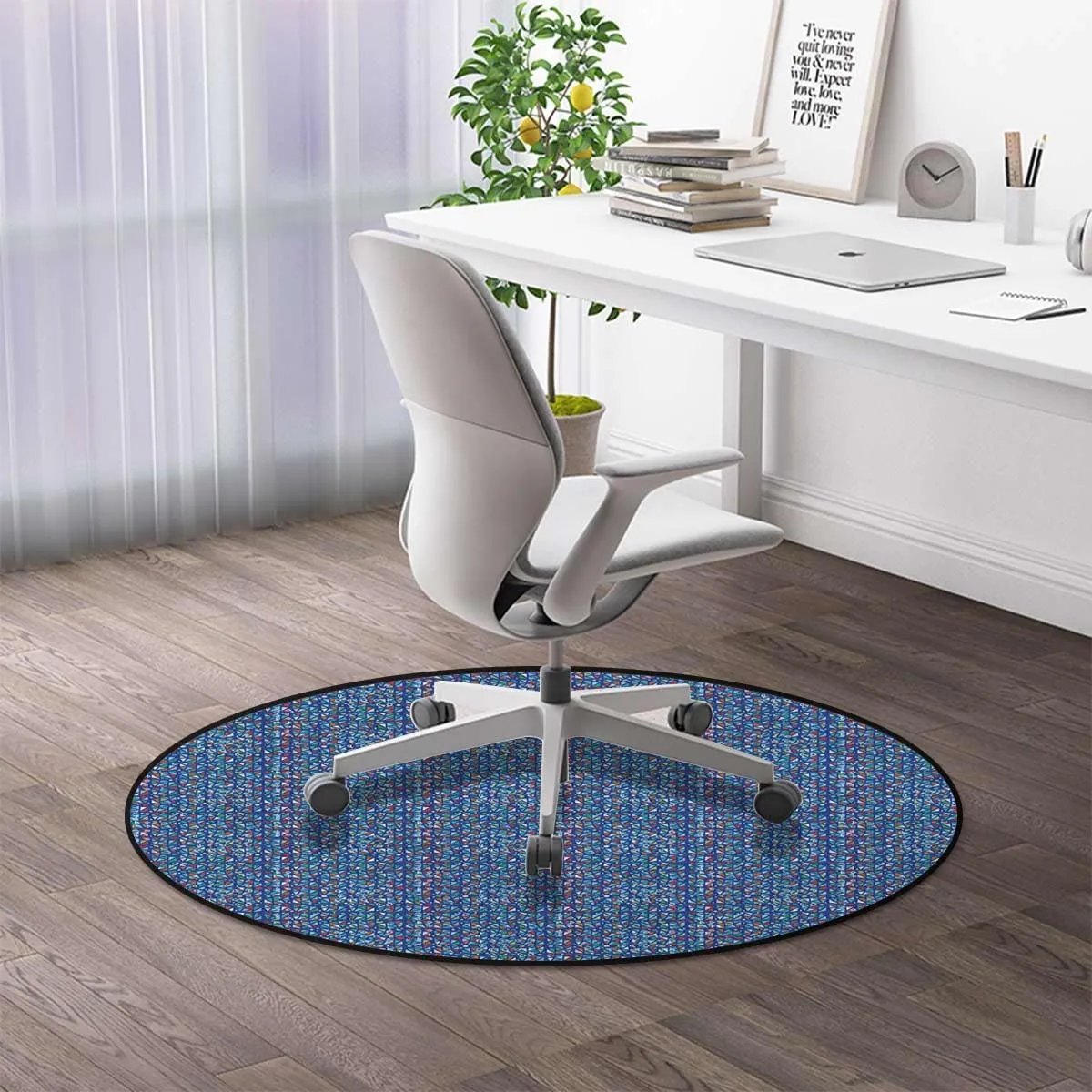 Blue Washable Round Chair Mat for Rolling Chairs, Traditional Tiles Patterns Graffiti Decorative Multi-Purpose Floor Protector,Protect The Floor from Scratches, Geometric Diameter 51 in