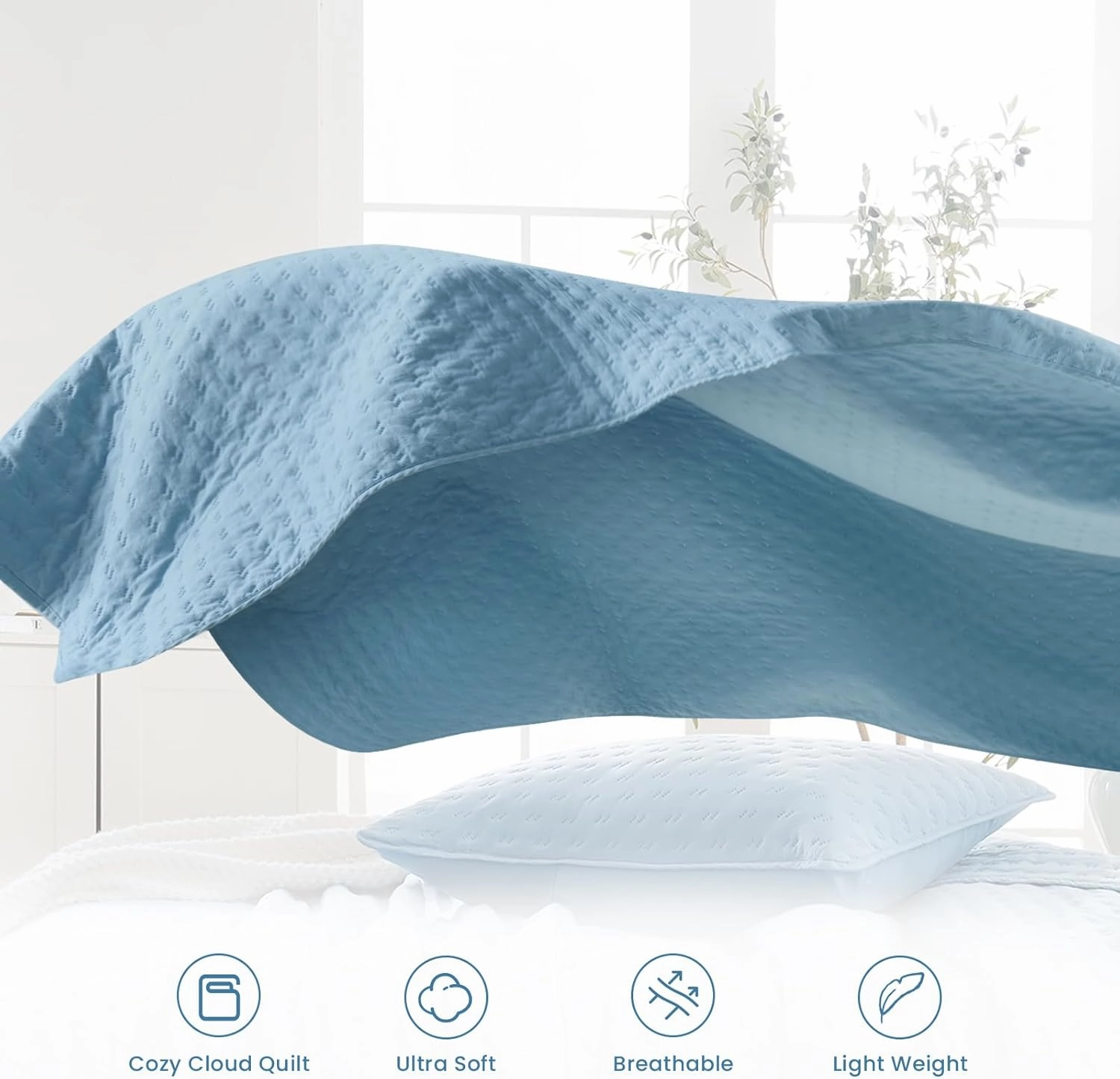 Blue Quilt Bedding Set with Pillow Sham, Breathable Lightweight Bed Spread, Soft Oversized Bedspread Coverlets for Twin Bed, All Seasons, 2 Pieces, 1 Quilt (68x90), 1 Pillow Sham (20x26)