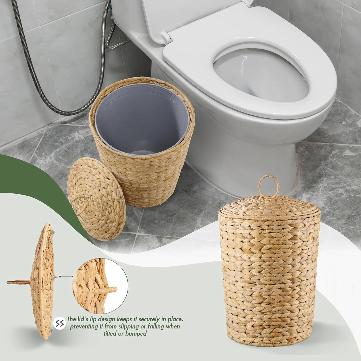 BLUEWEST 4.5 Gallons Wicker Trash Can with Lid and Removable Liner, Wicker Rattan Bathroom Trash Can, Large Woven Bin for Office, Hyacinth Waste Basket for Bedroom, Living Room, Kitchen