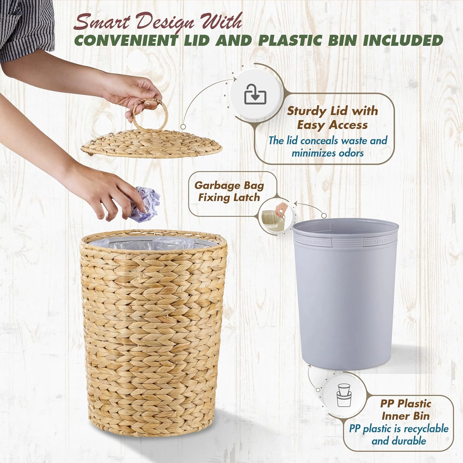 BLUEWEST 4.5 Gallons Wicker Trash Can with Lid and Removable Liner, Wicker Rattan Bathroom Trash Can, Large Woven Bin for Office, Hyacinth Waste Basket for Bedroom, Living Room, Kitchen