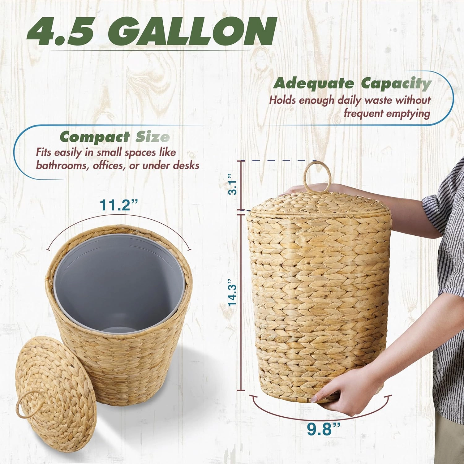 BLUEWEST 4.5 Gallons Wicker Trash Can with Lid and Removable Liner, Wicker Rattan Bathroom Trash Can, Large Woven Bin for Office, Hyacinth Waste Basket for Bedroom, Living Room, Kitchen