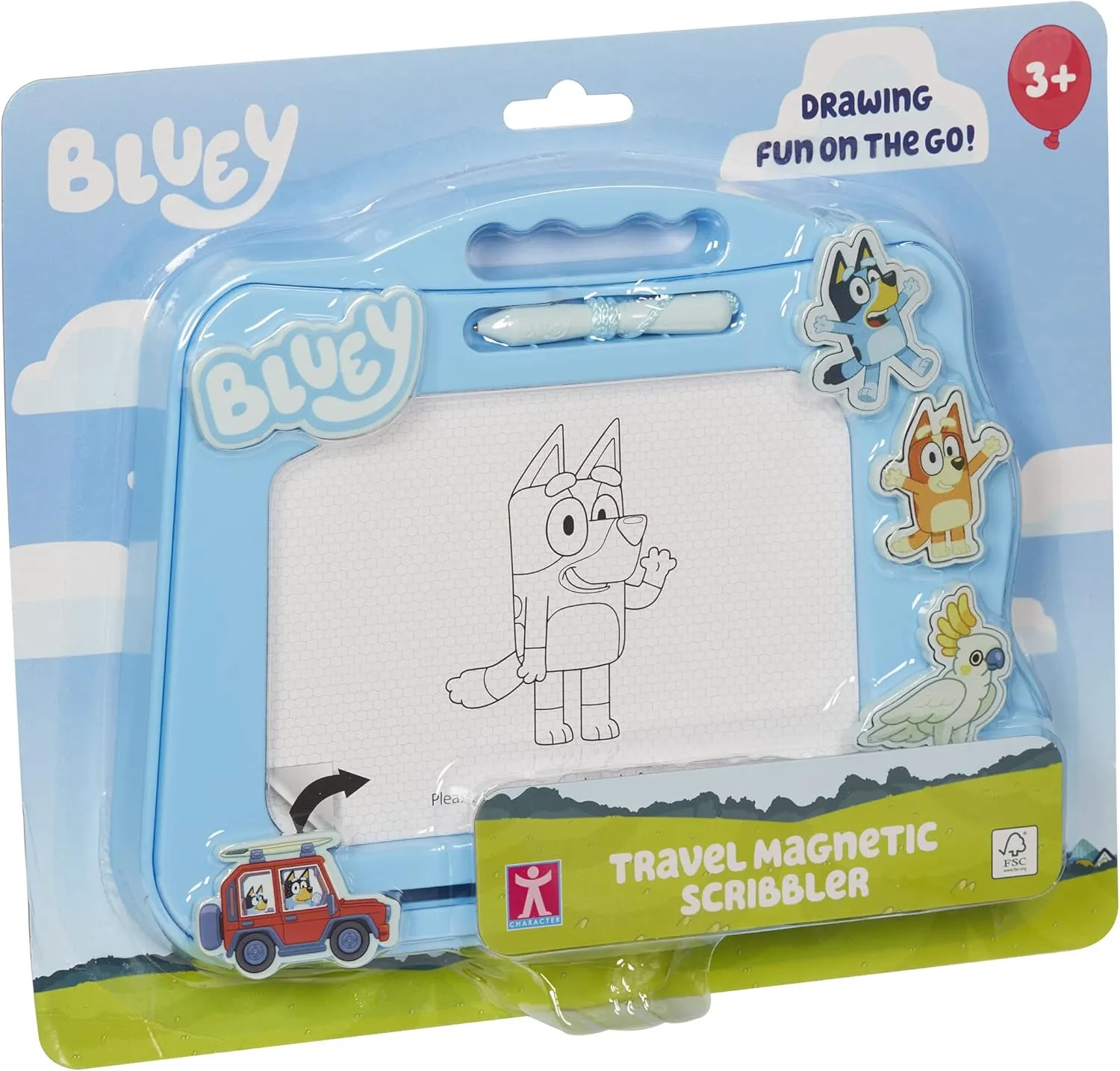 Bluey Travel Magnetic Scribbler pad with Pen and 3 Stamps, Draw and Erase with no Mess, Blue
