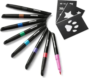 BodyMark Temporary Tattoo Markers, 8-Count Color Collection, Skin-Safe & Cosmetic Quality, Cruelty-Free, Long-Lasting, Flexible Brush Tip, Stencils Included