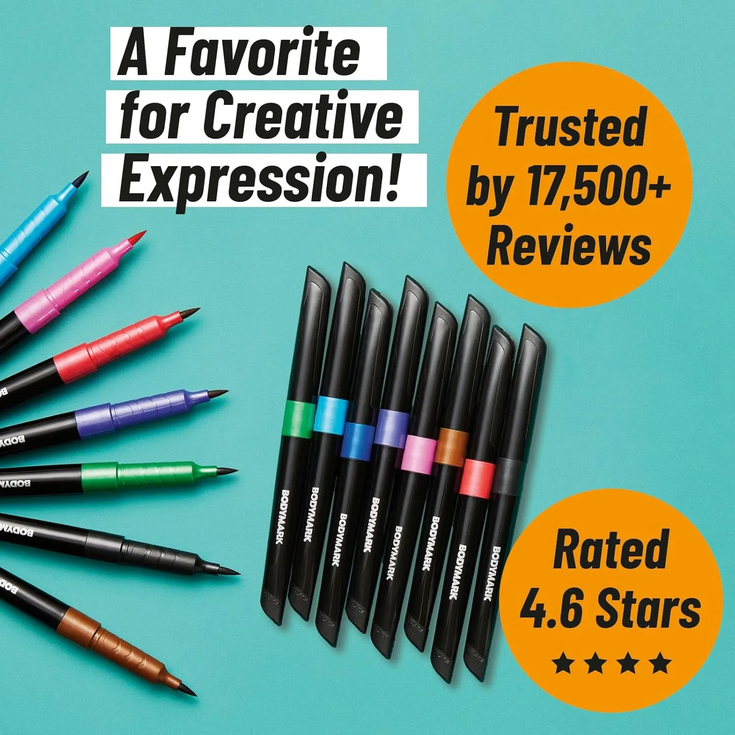 BodyMark Temporary Tattoo Markers, 8-Count Color Collection, Skin-Safe & Cosmetic Quality, Cruelty-Free, Long-Lasting, Flexible Brush Tip, Stencils Included