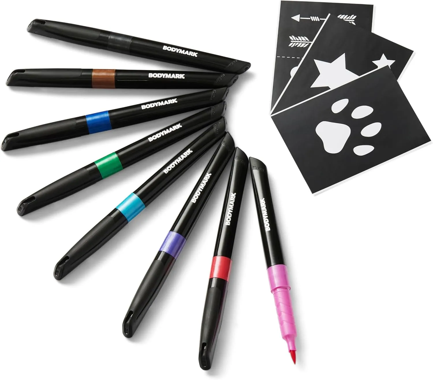 BodyMark Temporary Tattoo Markers, 8-Count Color Collection, Skin-Safe & Cosmetic Quality, Cruelty-Free, Long-Lasting, Flexible Brush Tip, Stencils Included