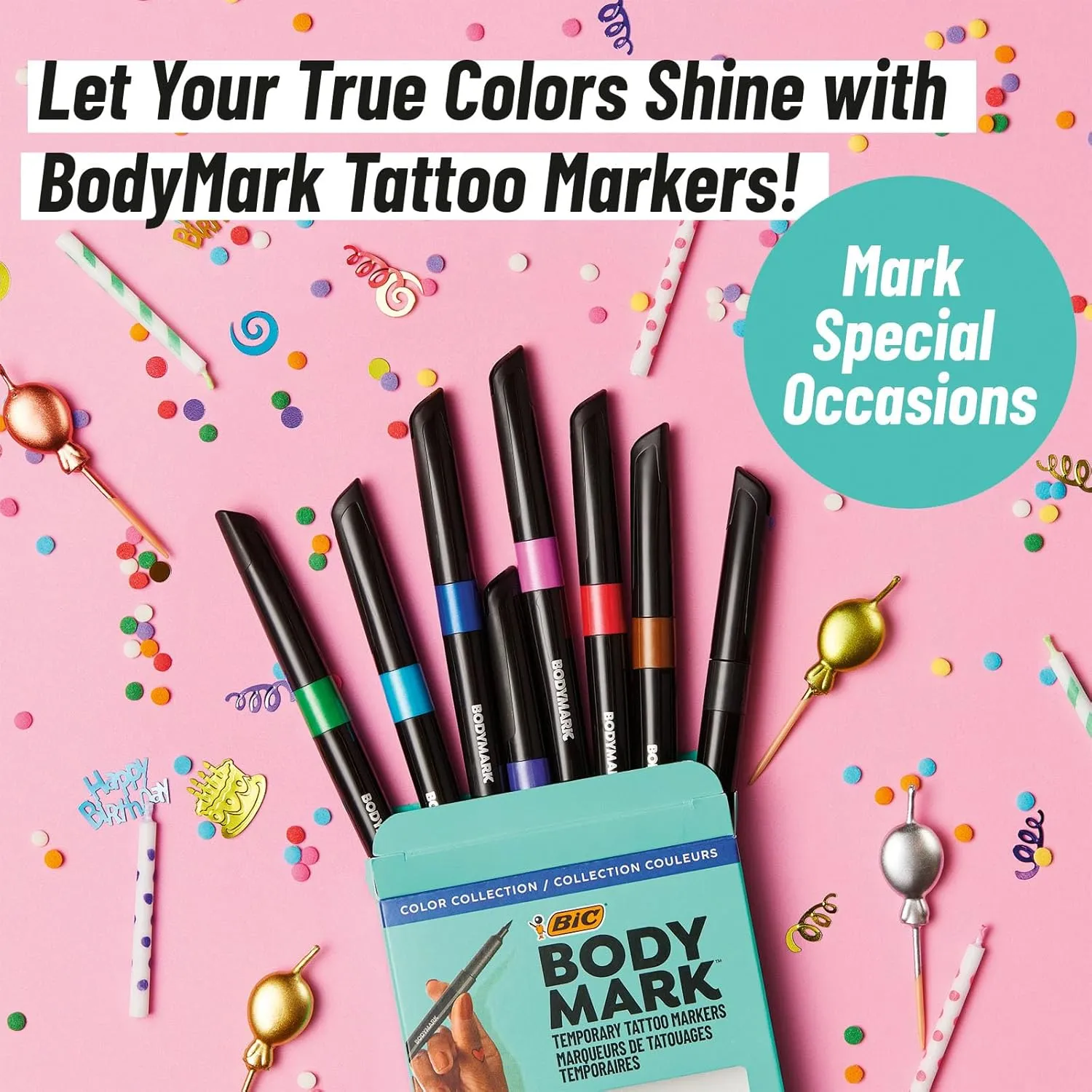 BodyMark Temporary Tattoo Markers, 8-Count Color Collection, Skin-Safe & Cosmetic Quality, Cruelty-Free, Long-Lasting, Flexible Brush Tip, Stencils Included