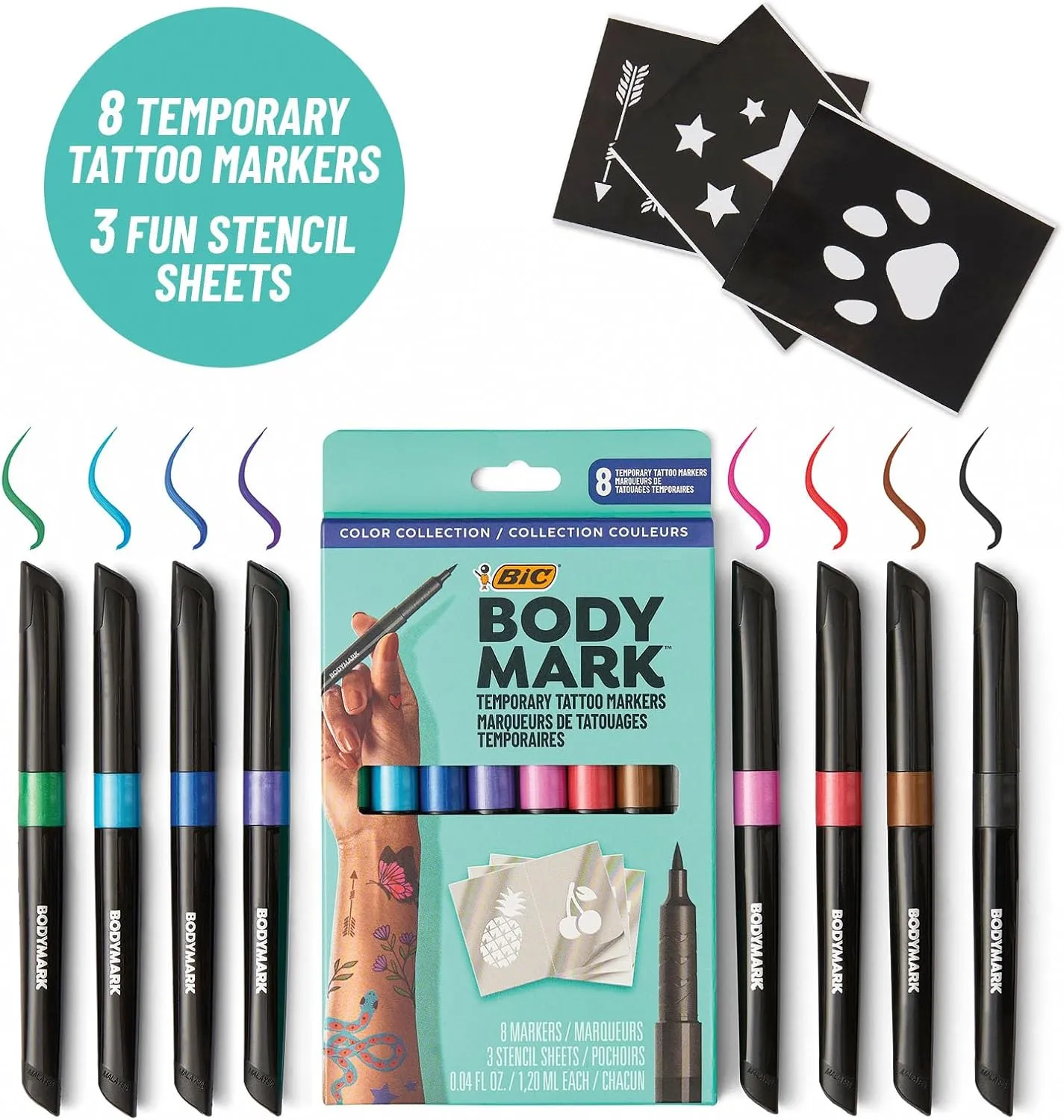 BodyMark Temporary Tattoo Markers, 8-Count Color Collection, Skin-Safe & Cosmetic Quality, Cruelty-Free, Long-Lasting, Flexible Brush Tip, Stencils Included