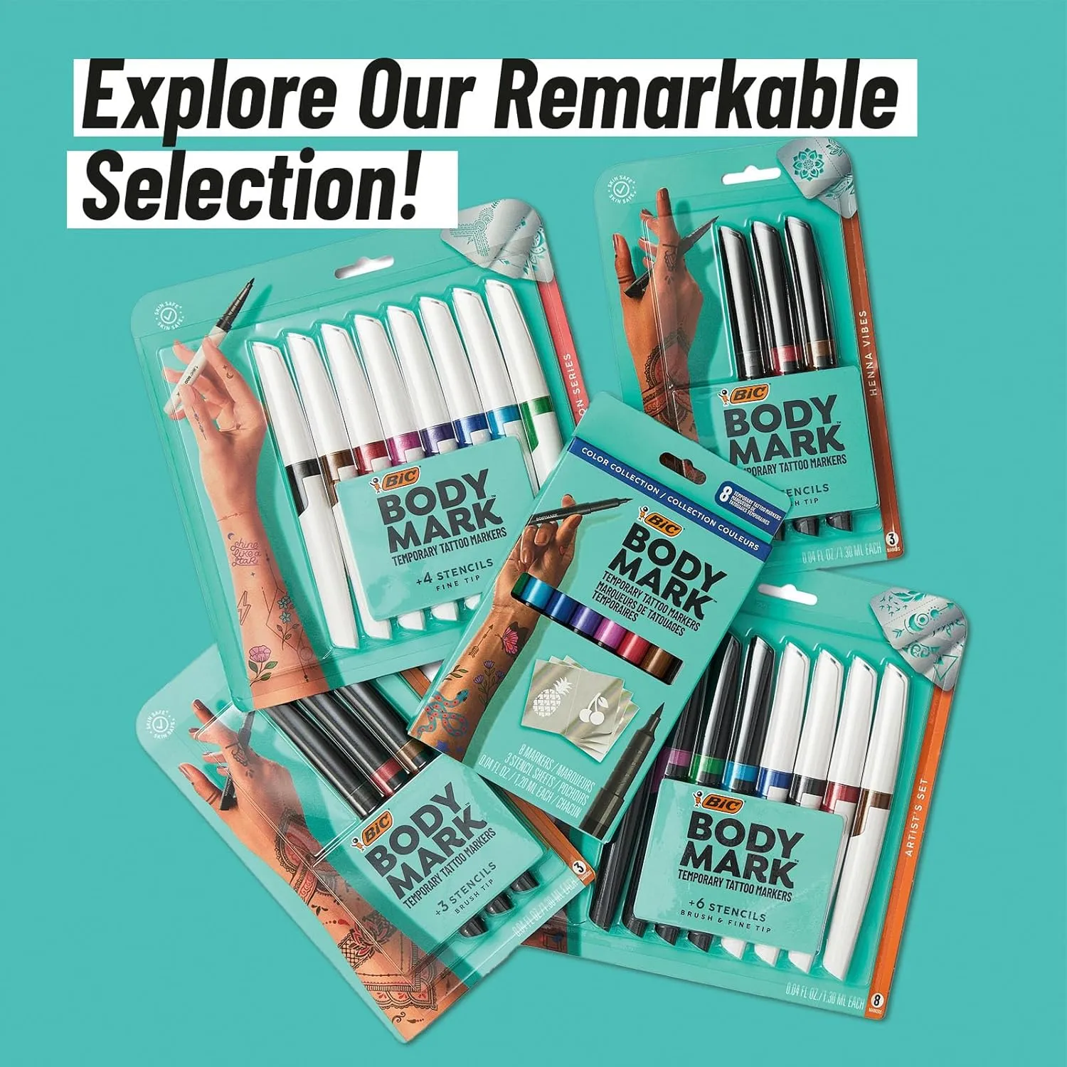 BodyMark Temporary Tattoo Markers, 8-Count Color Collection, Skin-Safe & Cosmetic Quality, Cruelty-Free, Long-Lasting, Flexible Brush Tip, Stencils Included