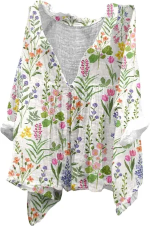 Boho Blouses for Women 2024 Plus Size Linen 3/4 Sleeve Button Up V-Neck Boxy Tops Summer Holiday Casual Beach Shirts