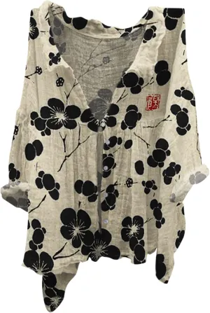 Boho Blouses for Women 2024 Plus Size Linen 3/4 Sleeve Button Up V-Neck Boxy Tops Summer Holiday Casual Beach Shirts