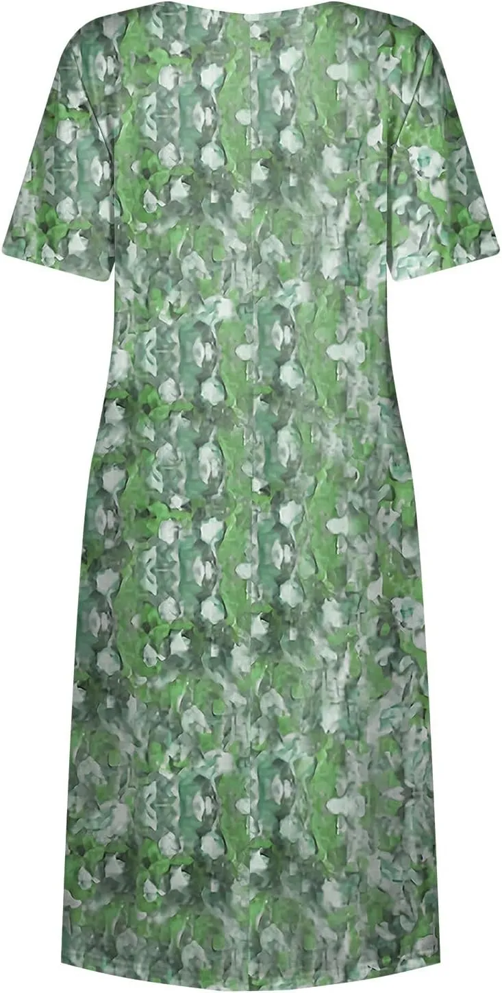 Boho Dress for Women Plus Size Short Sleeve Crew Neck Maxi Sundress 2025 Summer Casual Vacation Dresses with Pockets