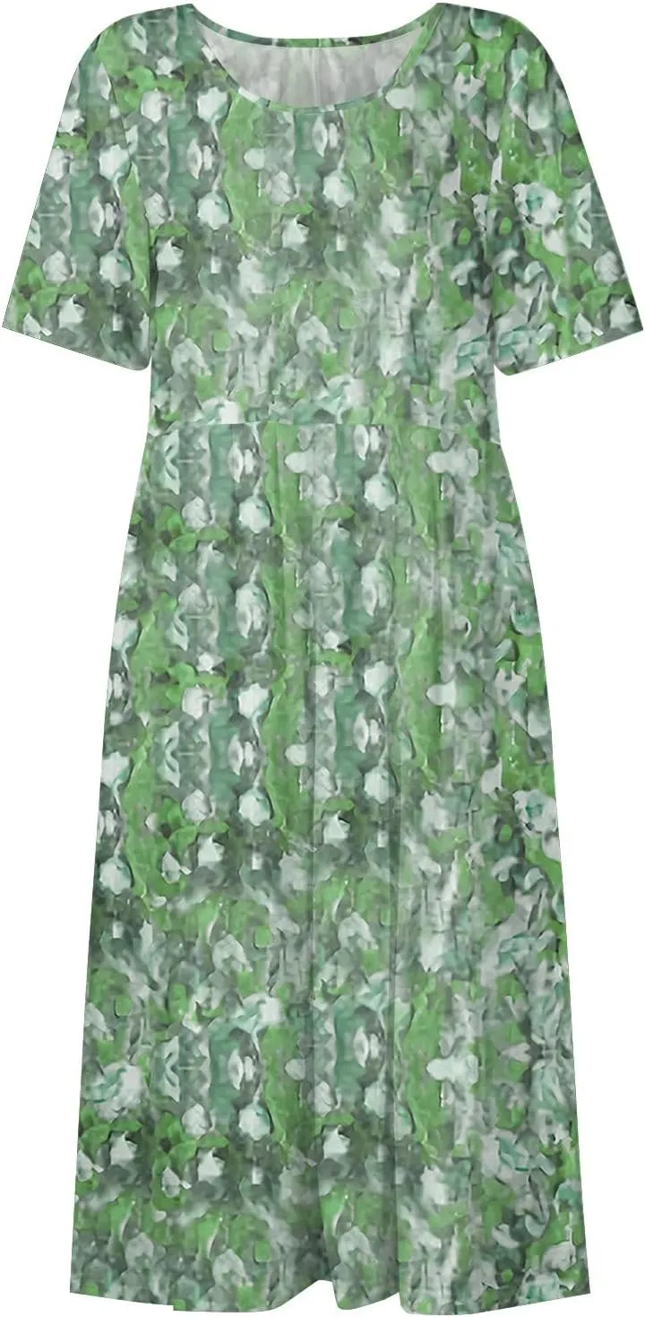 Boho Dress for Women Plus Size Short Sleeve Crew Neck Maxi Sundress 2025 Summer Casual Vacation Dresses with Pockets