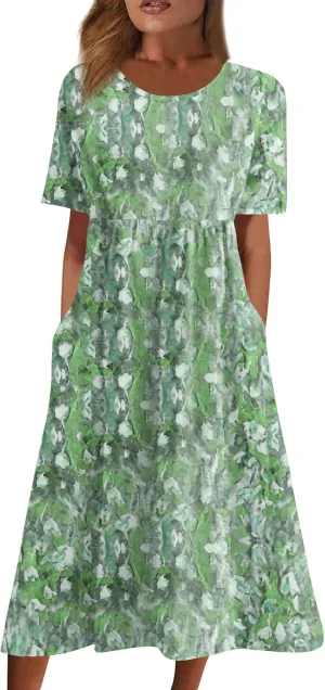Boho Dress for Women Plus Size Short Sleeve Crew Neck Maxi Sundress 2025 Summer Casual Vacation Dresses with Pockets