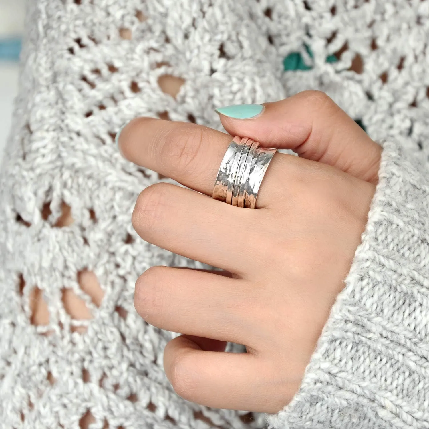 Boho-Magic 925 Sterling Silver Spinner Ring for Women 3 Fidget Rings Band Wide Hammered