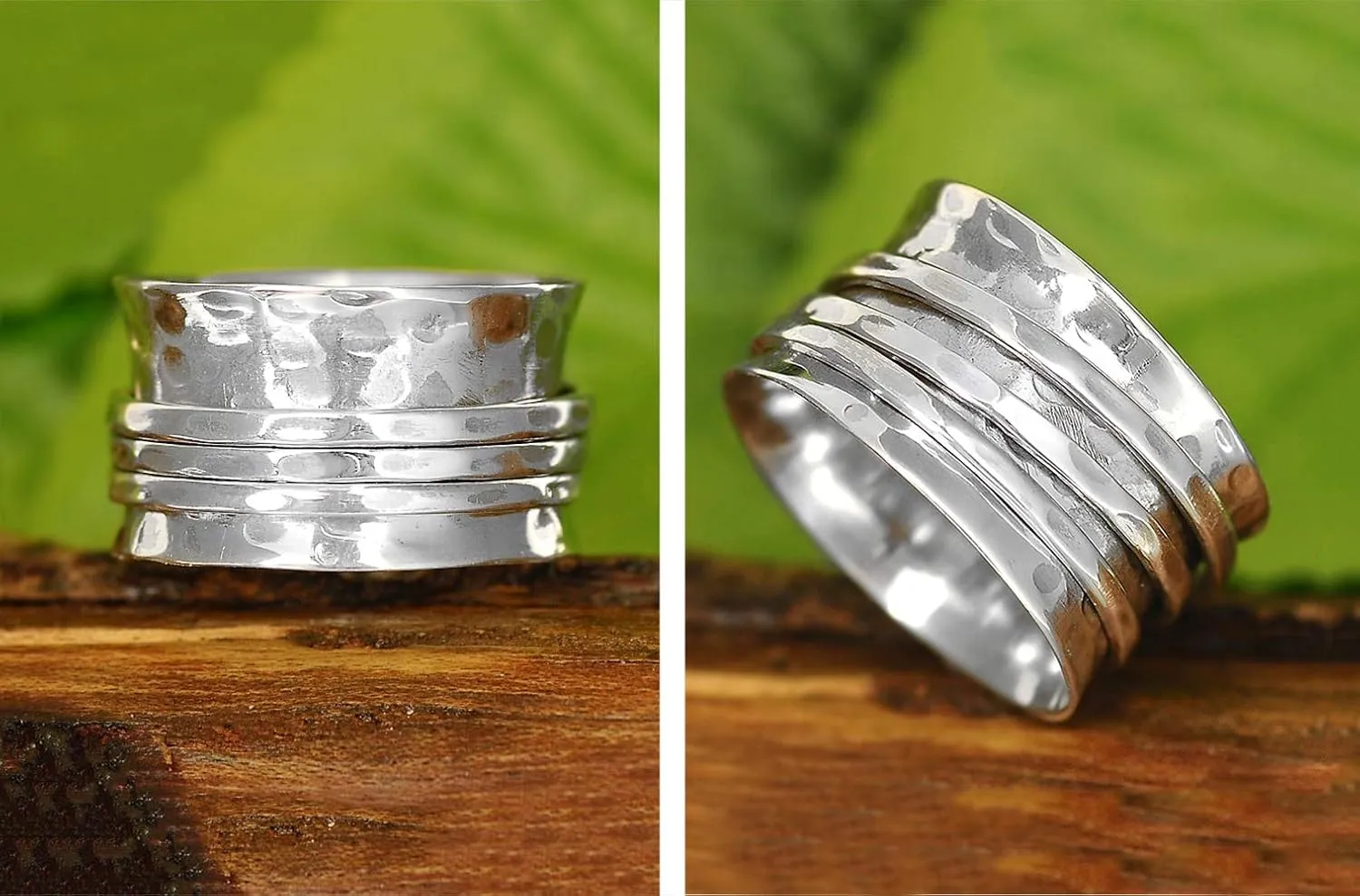 Boho-Magic 925 Sterling Silver Spinner Ring for Women 3 Fidget Rings Band Wide Hammered