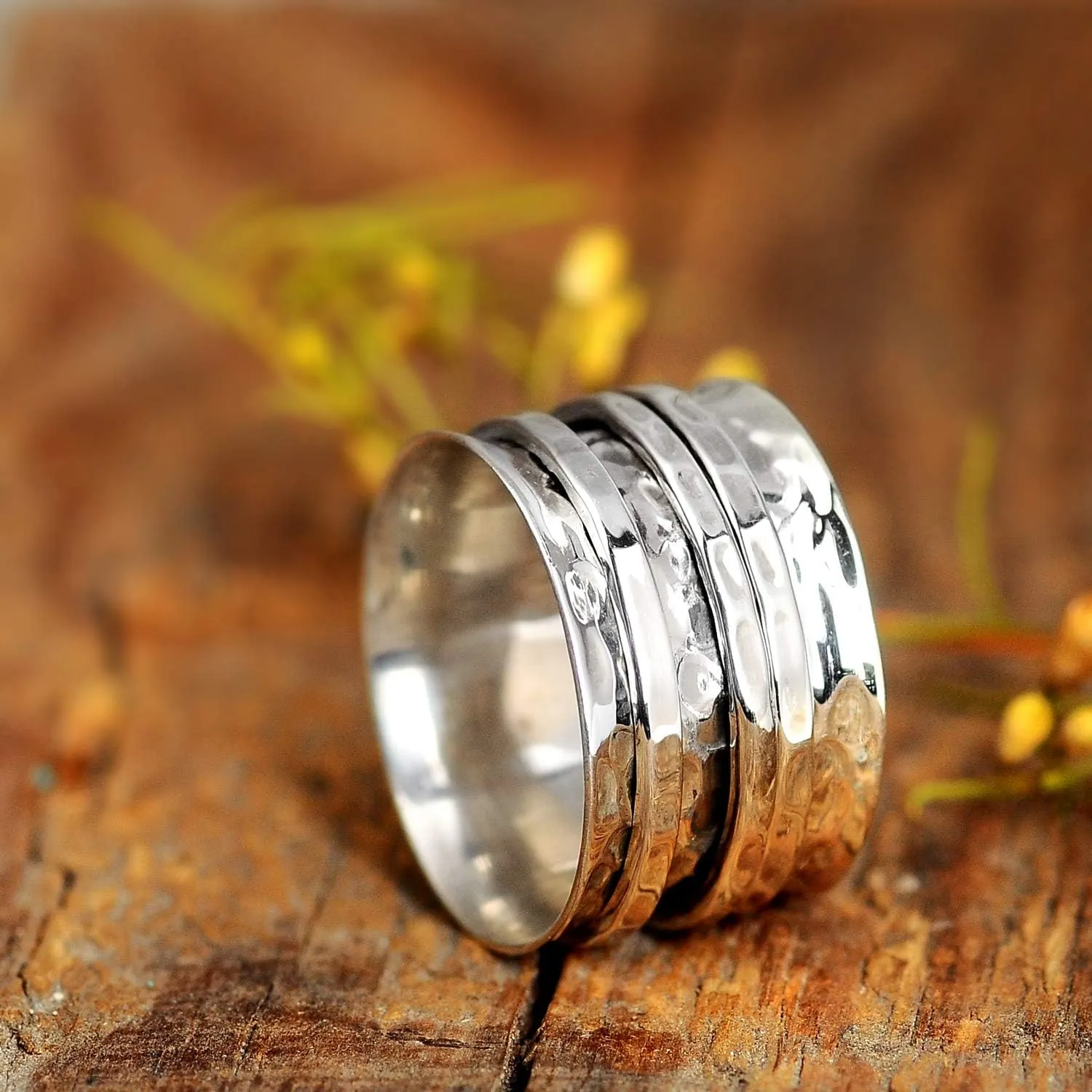 Boho-Magic 925 Sterling Silver Spinner Ring for Women 3 Fidget Rings Band Wide Hammered