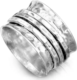 Boho-Magic 925 Sterling Silver Spinner Ring for Women 3 Fidget Rings Band Wide Hammered