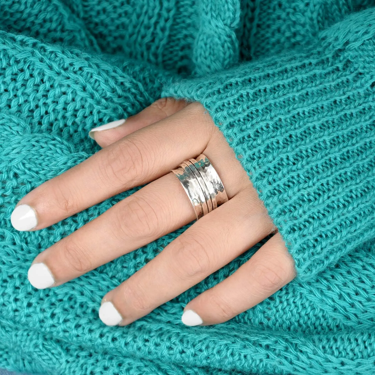 Boho-Magic 925 Sterling Silver Spinner Ring for Women 3 Fidget Rings Band Wide Hammered