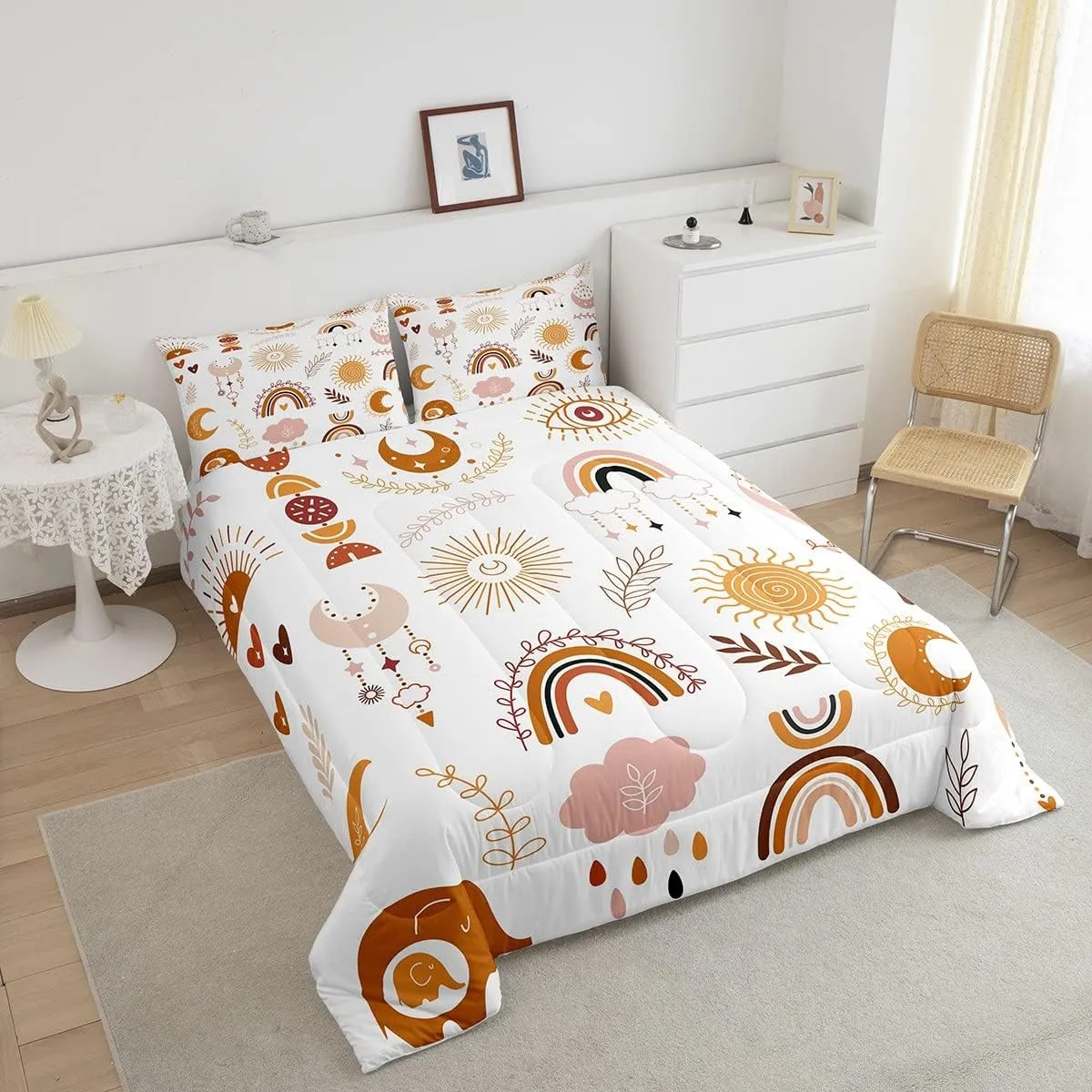 Boho Rainbow Bedding Set For Girls Twin,Cute Bohemian Eyes Moon Sun Comforter Set Kawaii Cloud Dream Catcher Bedding Comforter Sets For Kids Nursery Cartoon Hand Drawn Doodle Quilt Set 1 Pillowcase