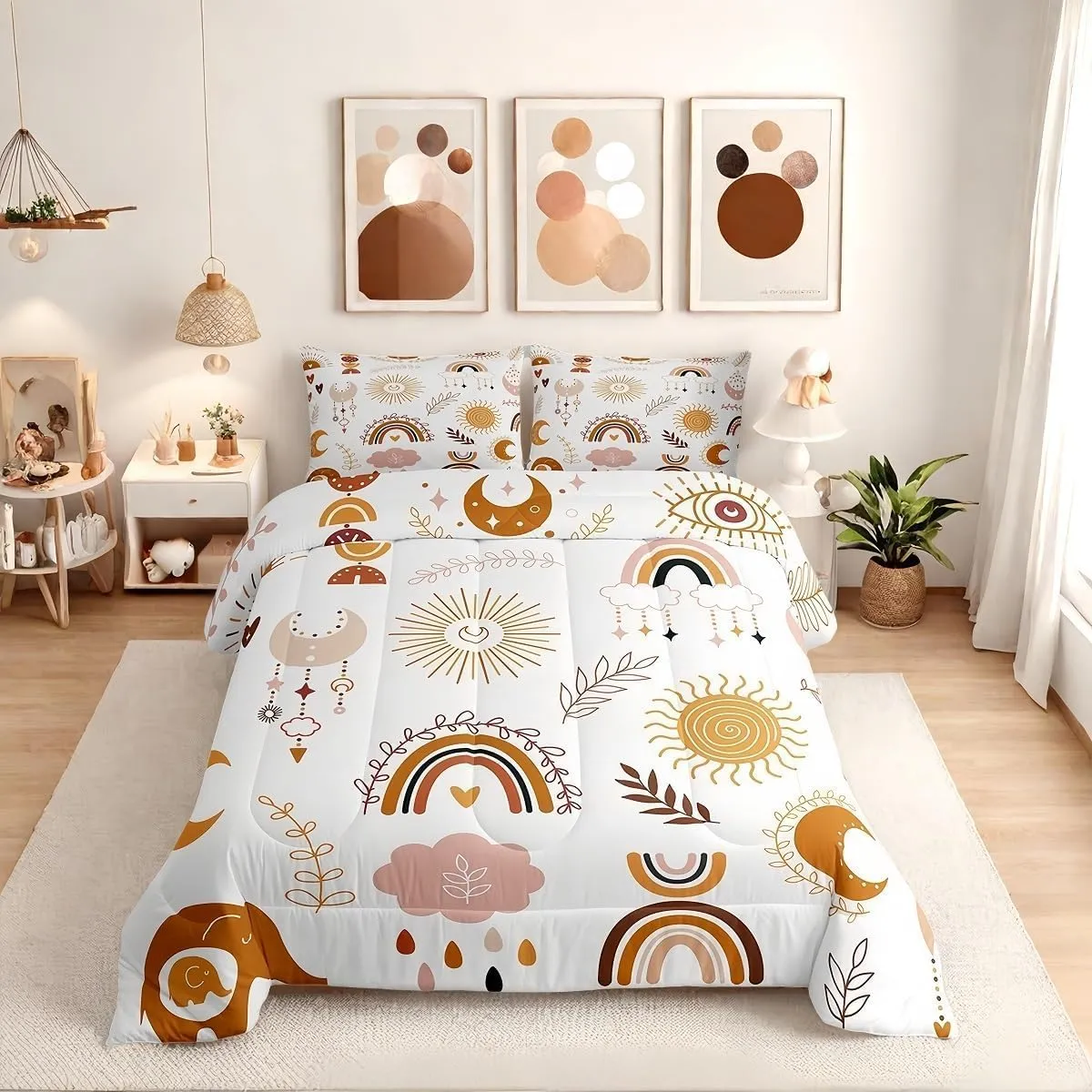 Boho Rainbow Bedding Set For Girls Twin,Cute Bohemian Eyes Moon Sun Comforter Set Kawaii Cloud Dream Catcher Bedding Comforter Sets For Kids Nursery Cartoon Hand Drawn Doodle Quilt Set 1 Pillowcase