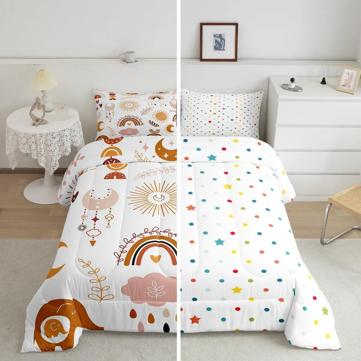 Boho Rainbow Bedding Set For Girls Twin,Cute Bohemian Eyes Moon Sun Comforter Set Kawaii Cloud Dream Catcher Bedding Comforter Sets For Kids Nursery Cartoon Hand Drawn Doodle Quilt Set 1 Pillowcase