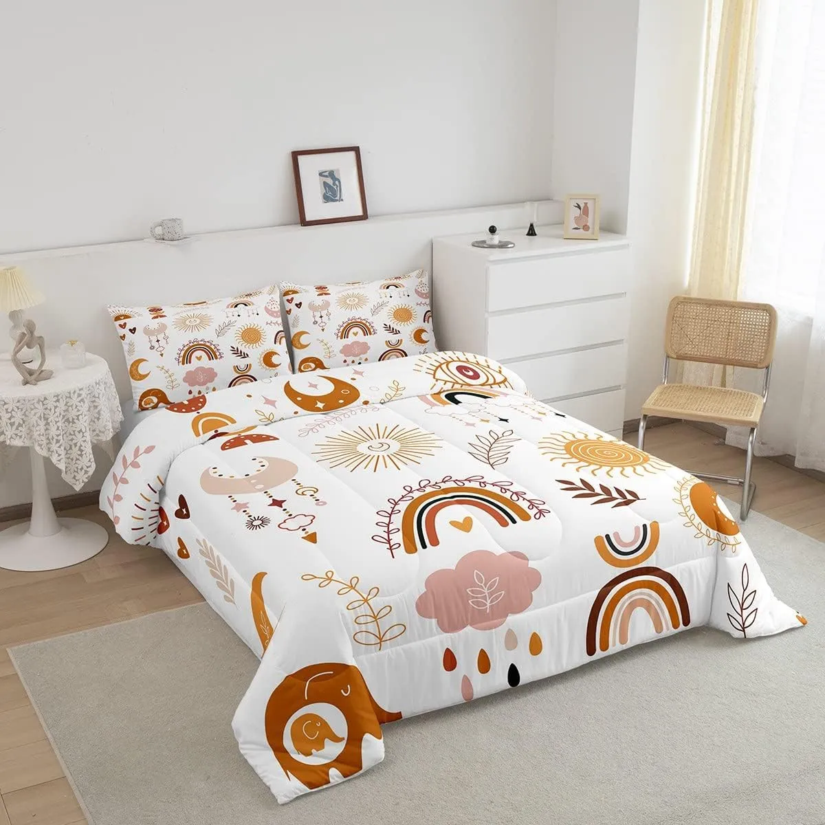 Boho Rainbow Bedding Set For Girls Twin,Cute Bohemian Eyes Moon Sun Comforter Set Kawaii Cloud Dream Catcher Bedding Comforter Sets For Kids Nursery Cartoon Hand Drawn Doodle Quilt Set 1 Pillowcase