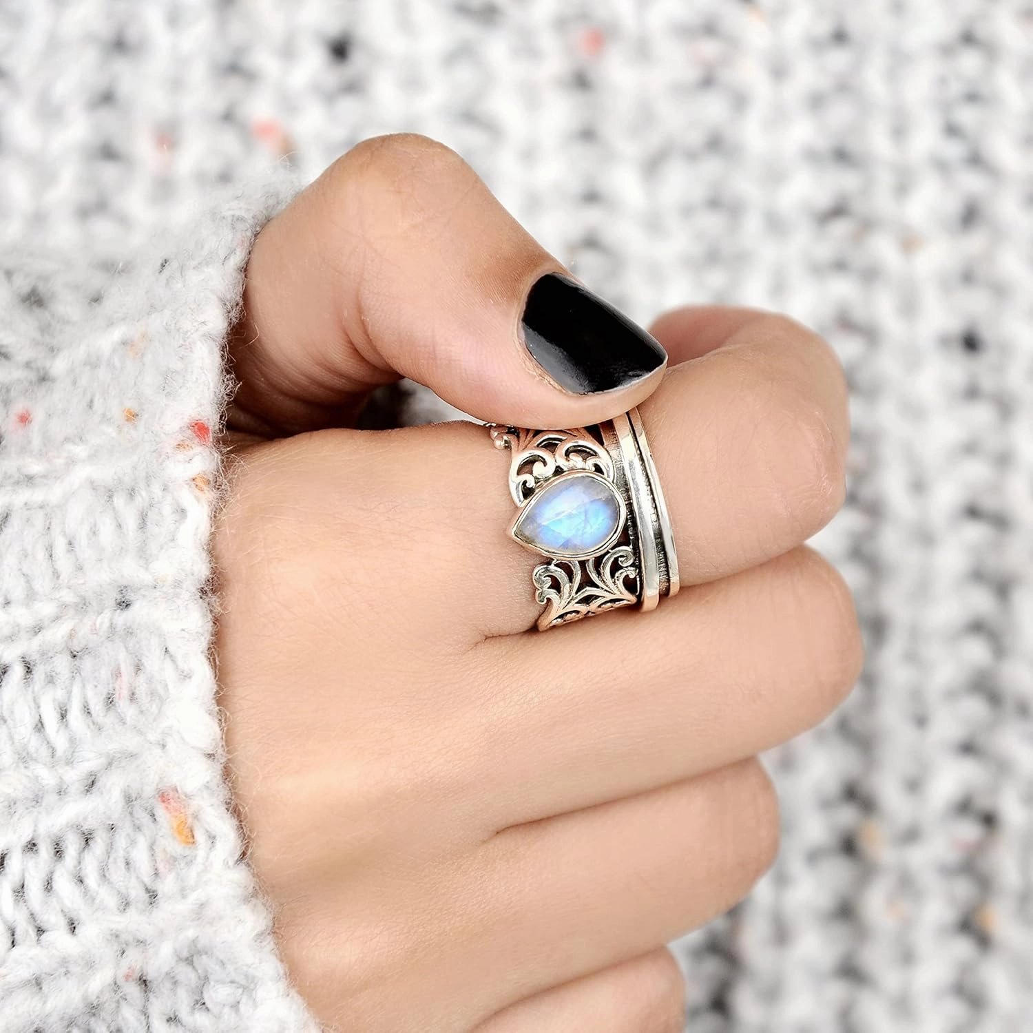 Boho-Magic Spinner Fidget Moonstone Ring for Women 925 Sterling Silver