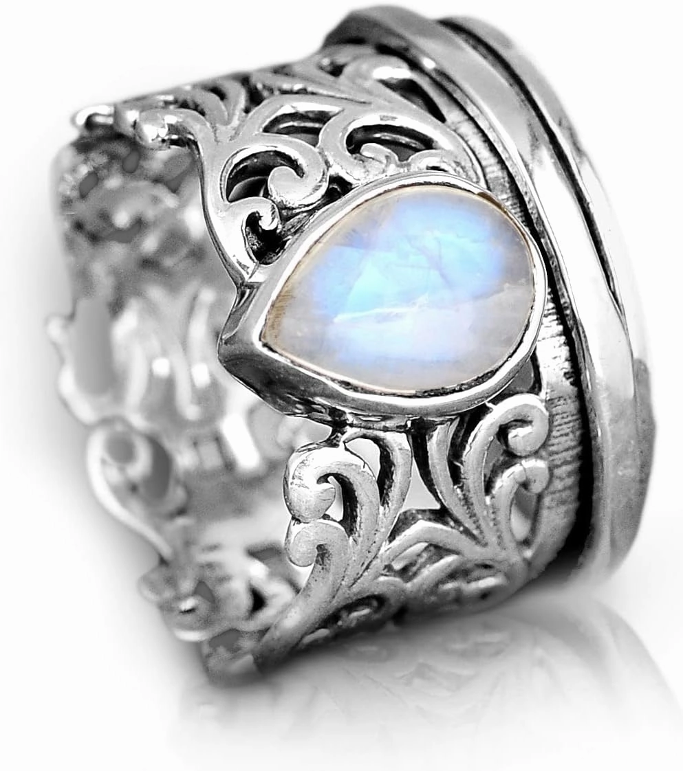Boho-Magic Spinner Fidget Moonstone Ring for Women 925 Sterling Silver