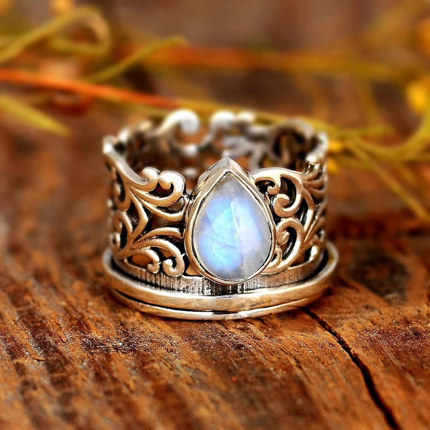Boho-Magic Spinner Fidget Moonstone Ring for Women 925 Sterling Silver