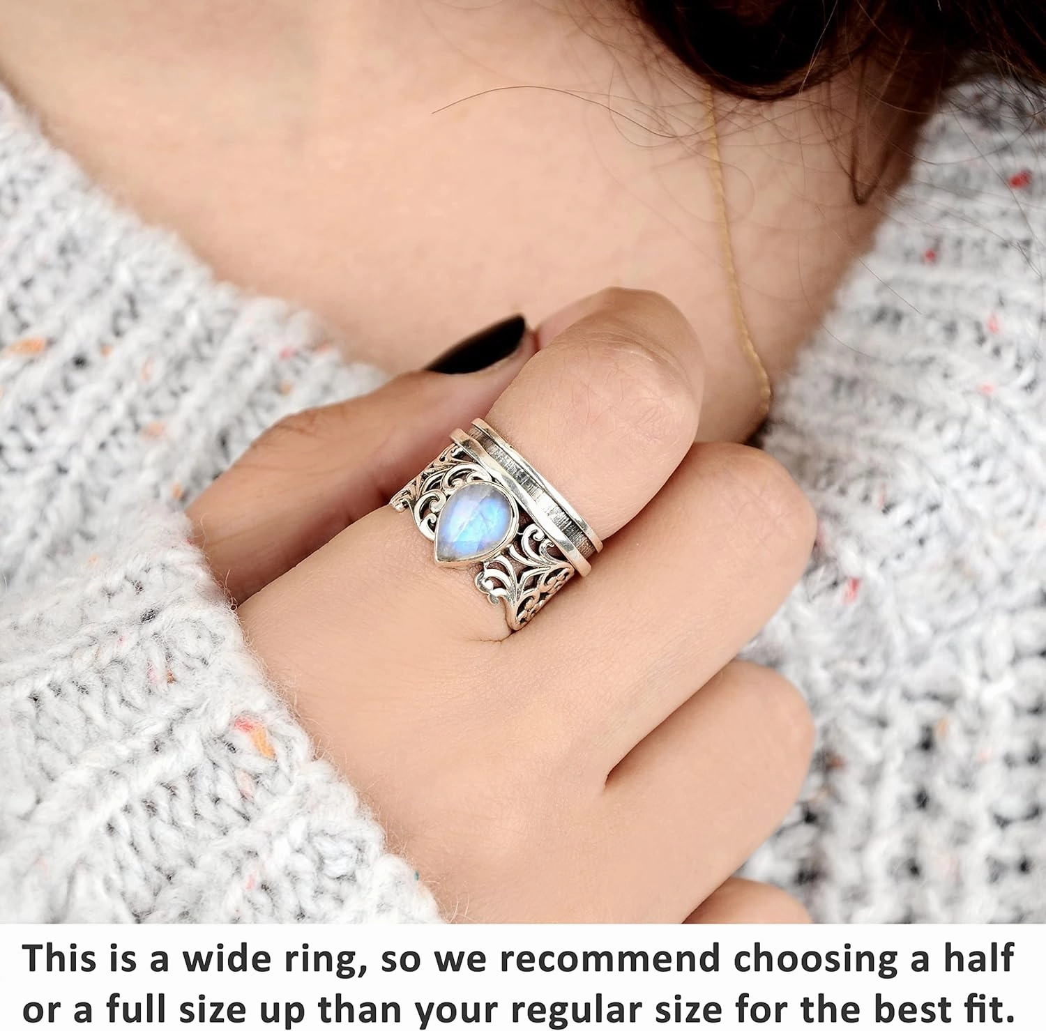 Boho-Magic Spinner Fidget Moonstone Ring for Women 925 Sterling Silver