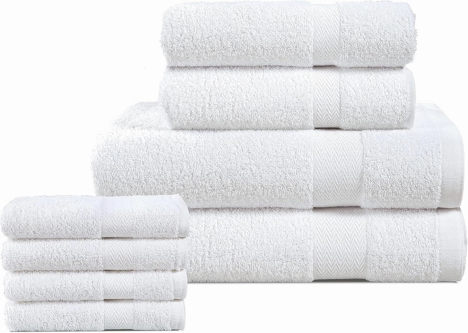 BolBom*S 8 Piece Towel Set- Ultra Soft 100% Pure Cotton, 2 Large Bath Towels 28x56, 2 Hand Towels for Bathroom 16x26, 4 Wash Cloths 12x12, Bath Towels Ideal for Everyday Use, Hotel & Spa- White