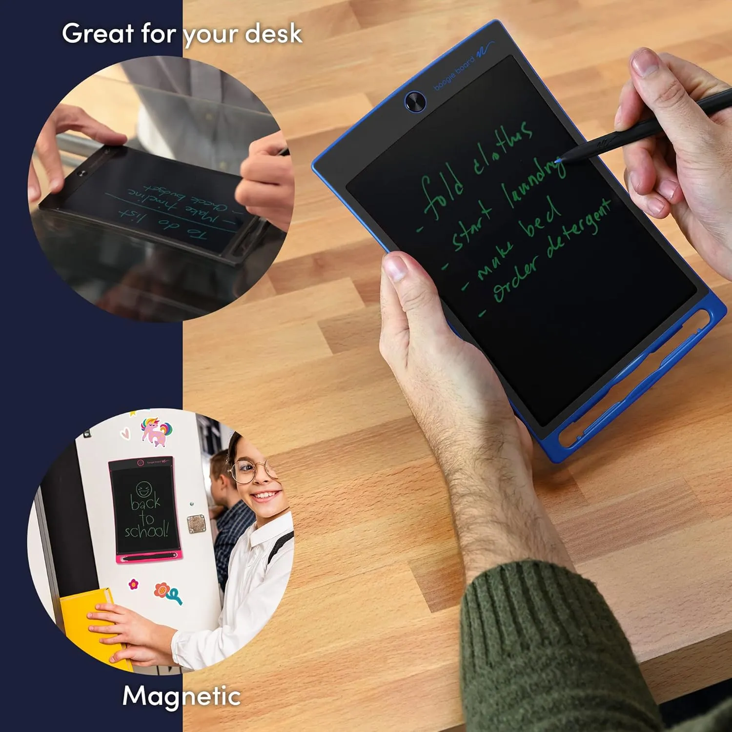 Boogie Board Jot Reusable Writing Tablet 8.5" LCD Screen Instant Erase Stylus Pen Magnets Kickstand - Writing Drawing Digital Notetaking Blue