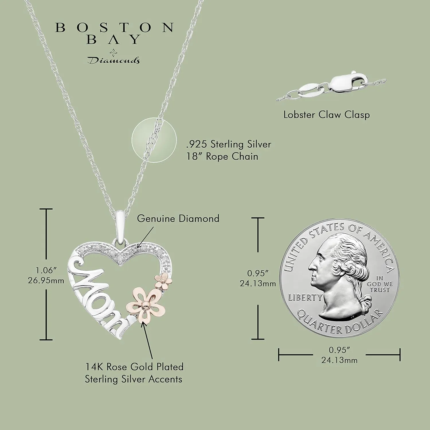 Boston Bay Diamonds Diamond Mom Inspired Pendant Necklace in Sterling Silver on 18” Rope Chain - Choice of Mother's Gift