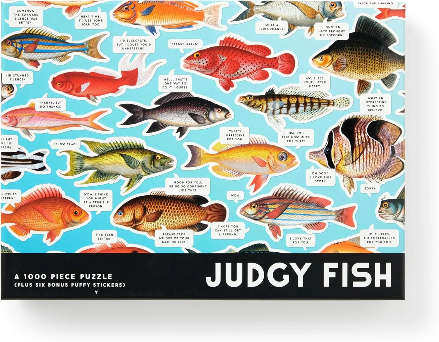 Brass Monkey Judgy Fish – 1000 Piece Jigsaw Puzzle Featuring Vintage Inspired Illustration of Fish Art with Funny Quotes and Puffy Stickers