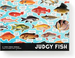 Brass Monkey Judgy Fish – 1000 Piece Jigsaw Puzzle Featuring Vintage Inspired Illustration of Fish Art with Funny Quotes and Puffy Stickers
