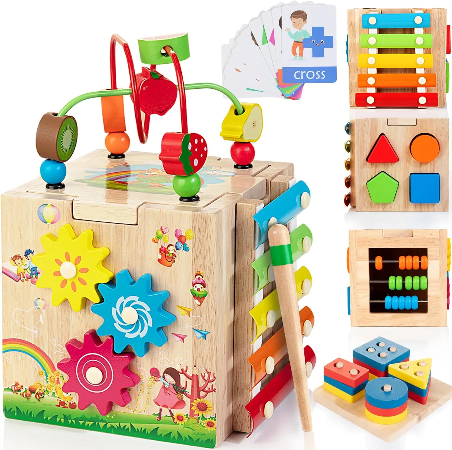 Bravmate Wooden Activity Cube, 8-in-1 Wooden Montessori Learning Toys for 18 M  Toddlers, One Year Old First Birthday Gift, Baby Toy Set with Bonus Sorting & Stacking Board