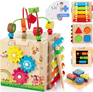 Bravmate Wooden Activity Cube, 8-in-1 Wooden Montessori Learning Toys for 18 M  Toddlers, One Year Old First Birthday Gift, Baby Toy Set with Bonus Sorting & Stacking Board