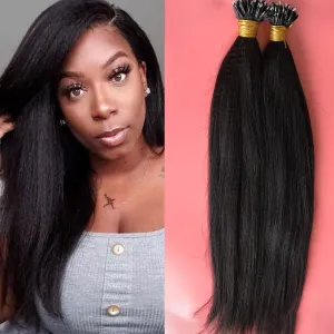 Brazilian Yaki Straight Nano Ring Hair Extensions Real Human Hair Pre Bonded Hair Extension Nano Micro Rings Natural Color Nano Tip Hair Extensions 100strand (28inch, #1 Jet black)