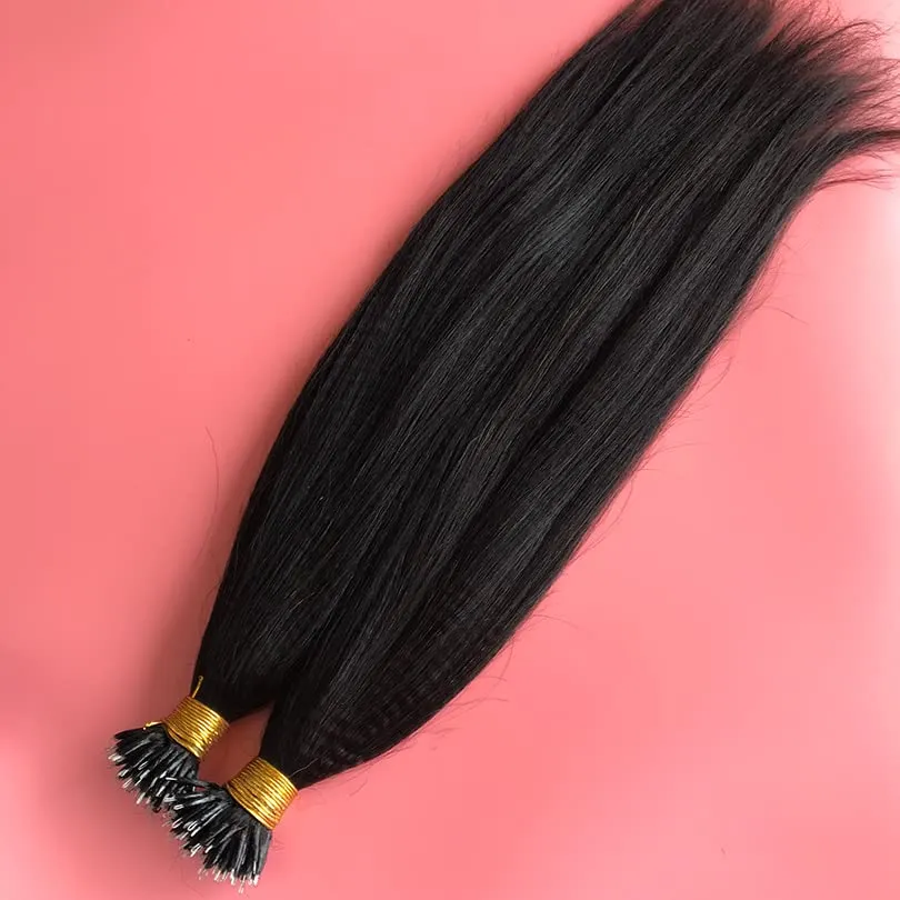Brazilian Yaki Straight Nano Ring Hair Extensions Real Human Hair Pre Bonded Hair Extension Nano Micro Rings Natural Color Nano Tip Hair Extensions 100strand (28inch, #1 Jet black)