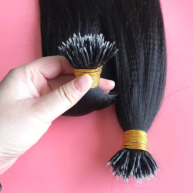 Brazilian Yaki Straight Nano Ring Hair Extensions Real Human Hair Pre Bonded Hair Extension Nano Micro Rings Natural Color Nano Tip Hair Extensions 100strand (28inch, #1 Jet black)
