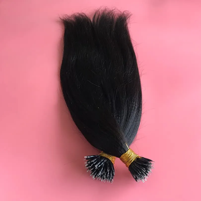 Brazilian Yaki Straight Nano Ring Hair Extensions Real Human Hair Pre Bonded Hair Extension Nano Micro Rings Natural Color Nano Tip Hair Extensions 100strand (28inch, #1 Jet black)