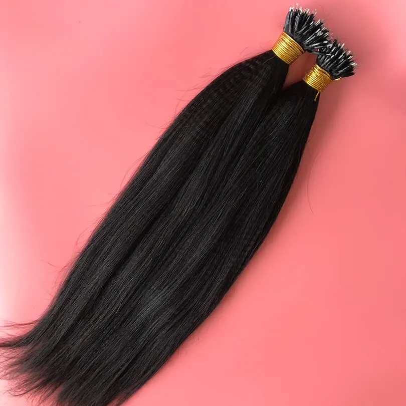 Brazilian Yaki Straight Nano Ring Hair Extensions Real Human Hair Pre Bonded Hair Extension Nano Micro Rings Natural Color Nano Tip Hair Extensions 100strand (28inch, #1 Jet black)