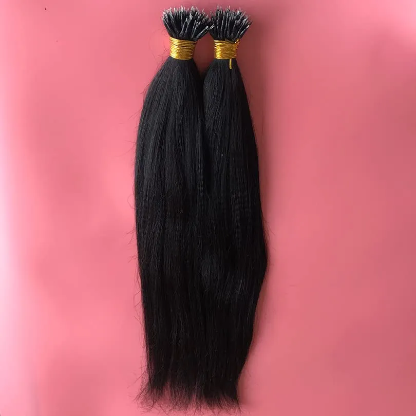Brazilian Yaki Straight Nano Ring Hair Extensions Real Human Hair Pre Bonded Hair Extension Nano Micro Rings Natural Color Nano Tip Hair Extensions 100strand (28inch, #1 Jet black)