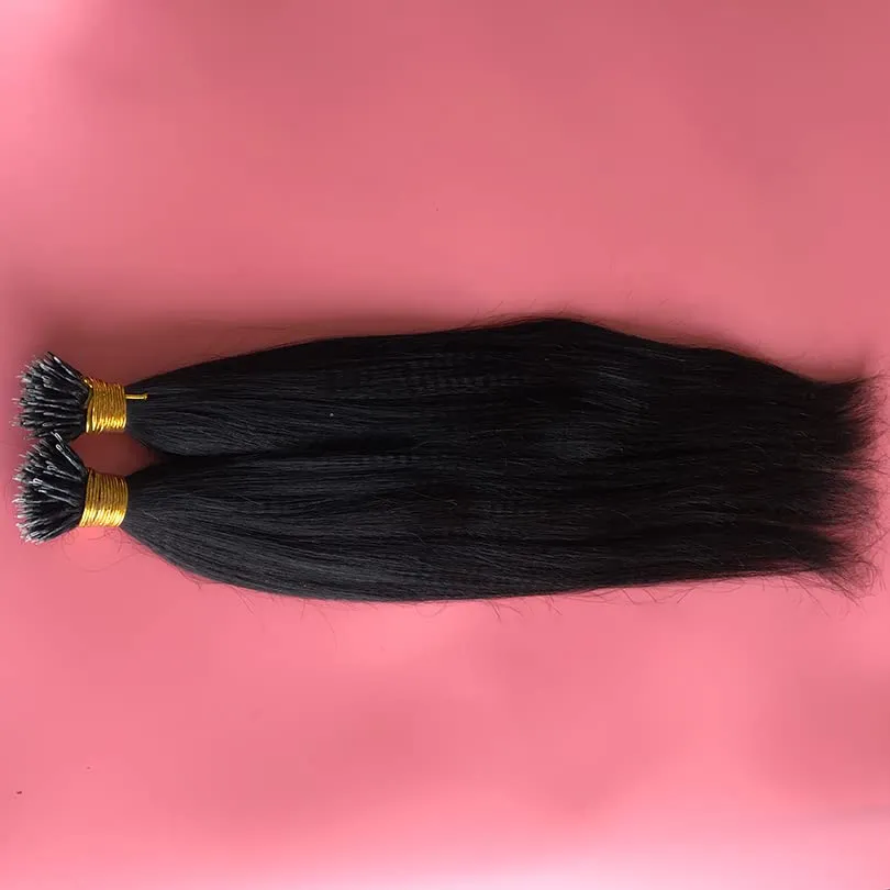 Brazilian Yaki Straight Nano Ring Hair Extensions Real Human Hair Pre Bonded Hair Extension Nano Micro Rings Natural Color Nano Tip Hair Extensions 100strand (28inch, #1 Jet black)