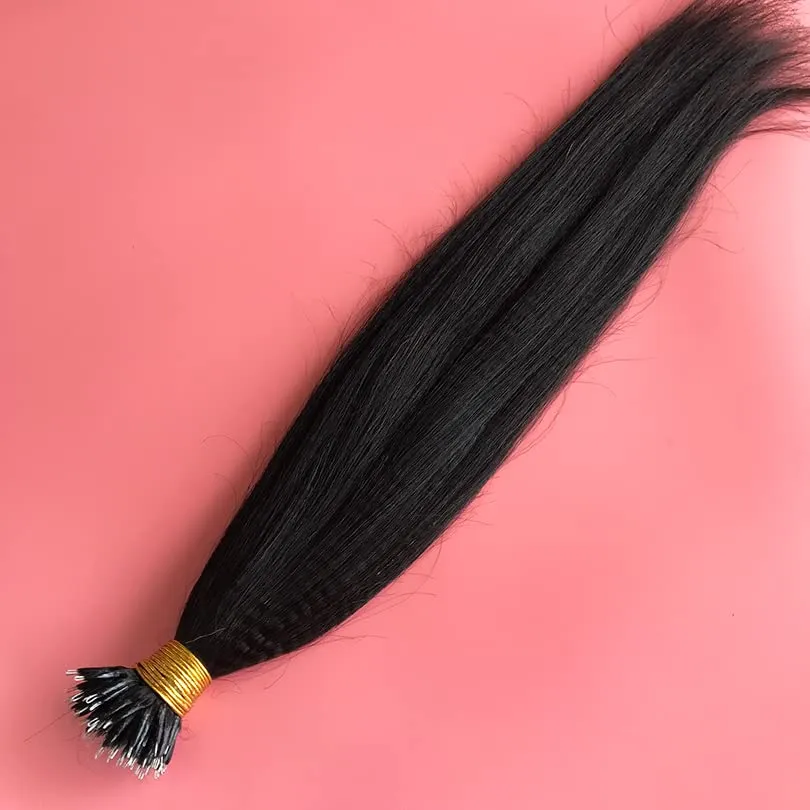 Brazilian Yaki Straight Nano Ring Hair Extensions Real Human Hair Pre Bonded Hair Extension Nano Micro Rings Natural Color Nano Tip Hair Extensions 100strand (28inch, #1 Jet black)