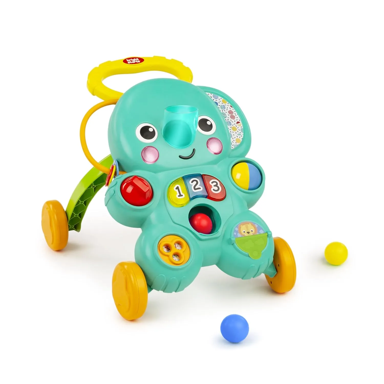Bright Starts Stroll 'n Roll 2-in-1-Ball Push Walker – Includes 3 Toy Balls, Elephant with 70  Songs & Sounds, 7 Activities - Ball Drop, Piano, Spinner, Flip Book & More